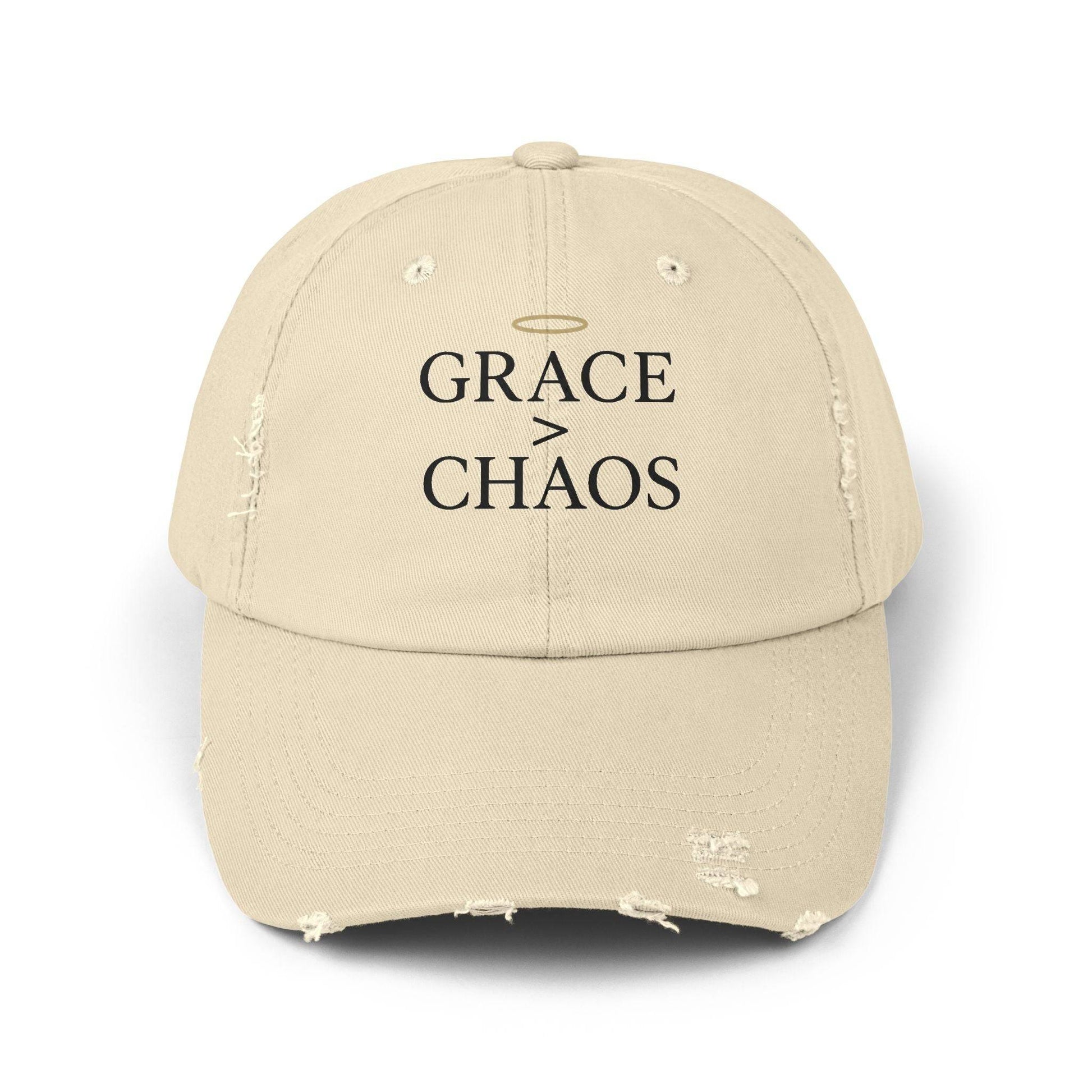 Front view of beige Grace > Chaos Embroidered Distressed Cap with subtle fraying and curved visor, ideal for minimalist streetwear.