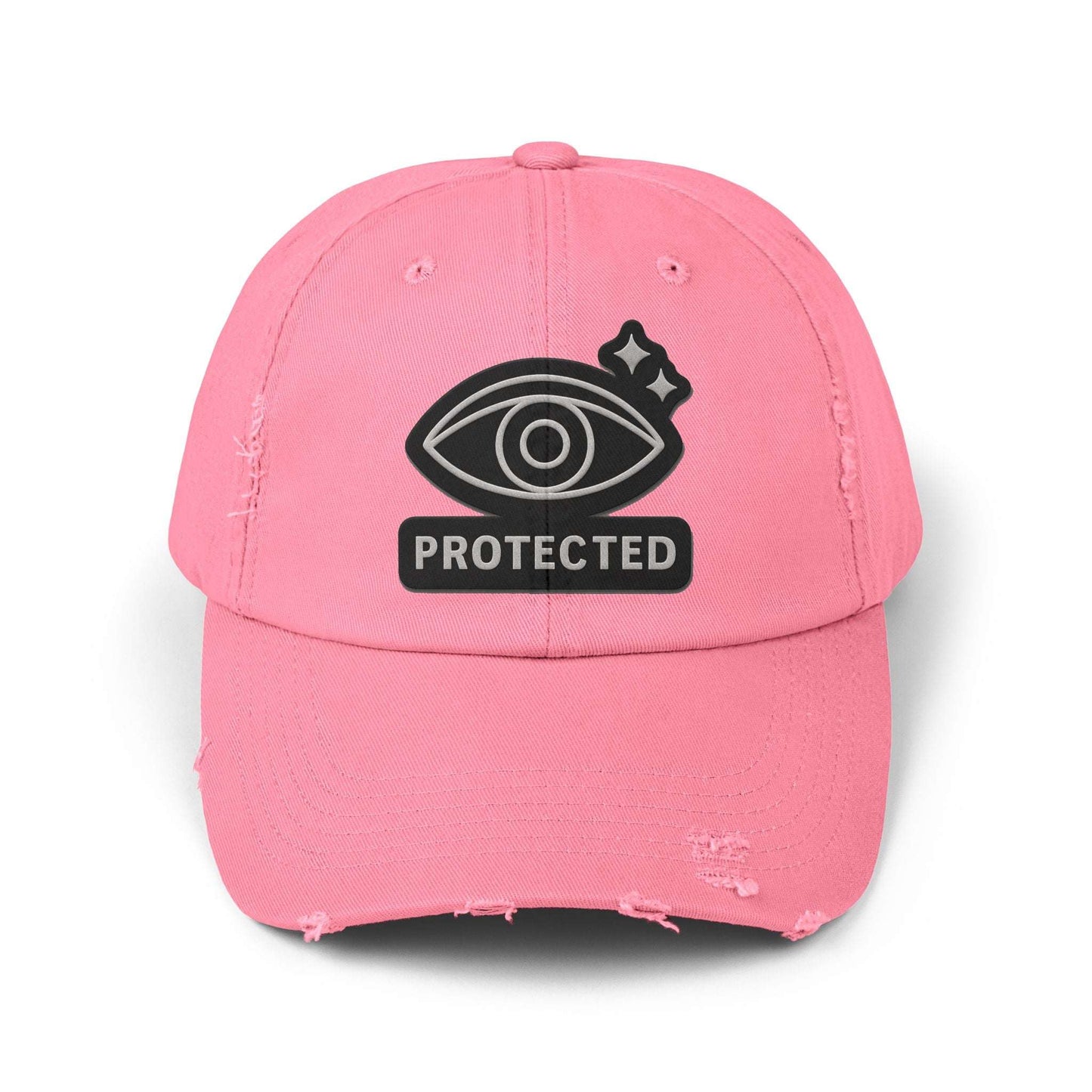 Light pink Protected Eye Distressed Dad Hat with black embroidered eye graphic. Soft cotton unisex cap with worn-in look.