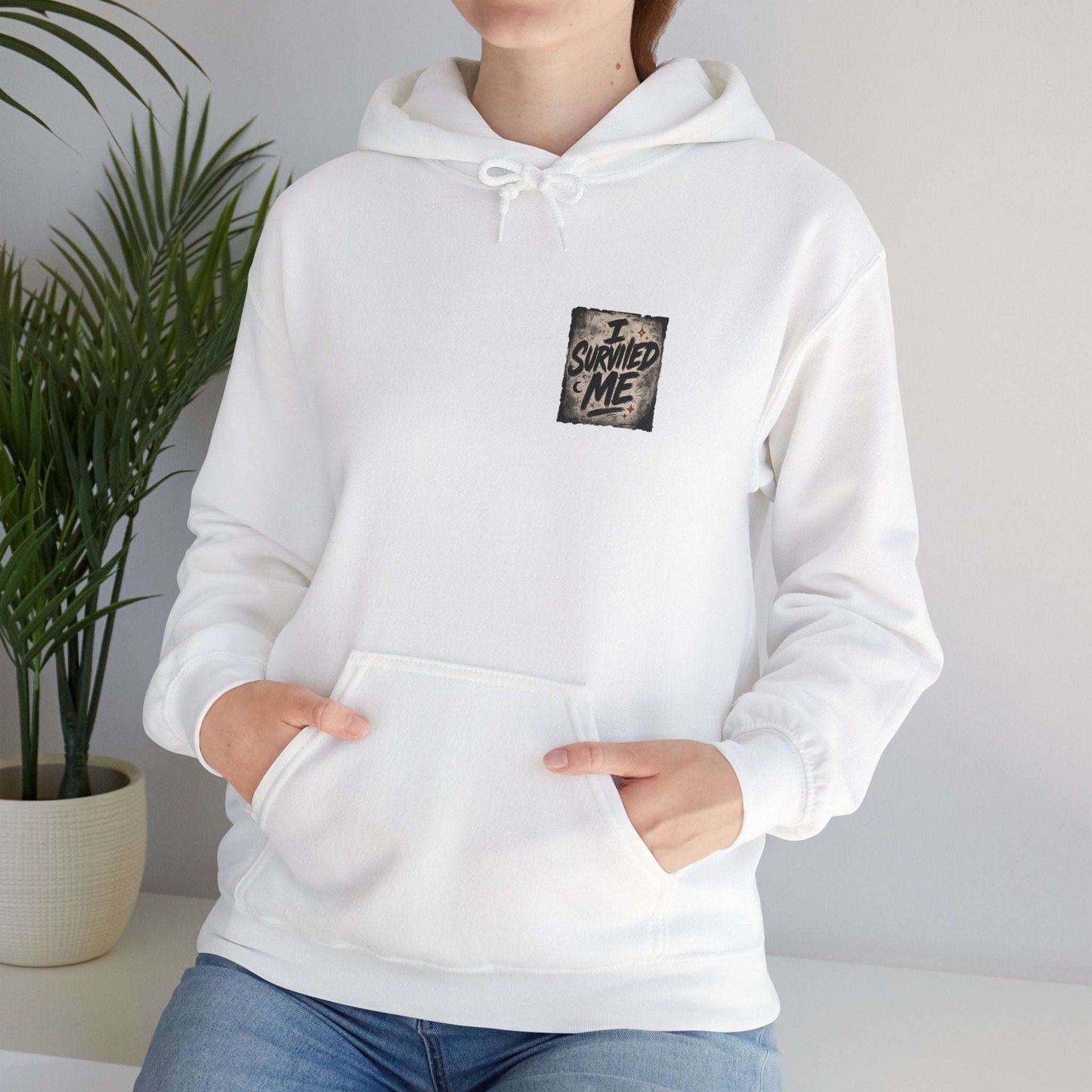 White I Survived Me Hoodie featuring a grunge inspirational quote, cozy unisex design perfect for empowerment and recovery-themed apparel.