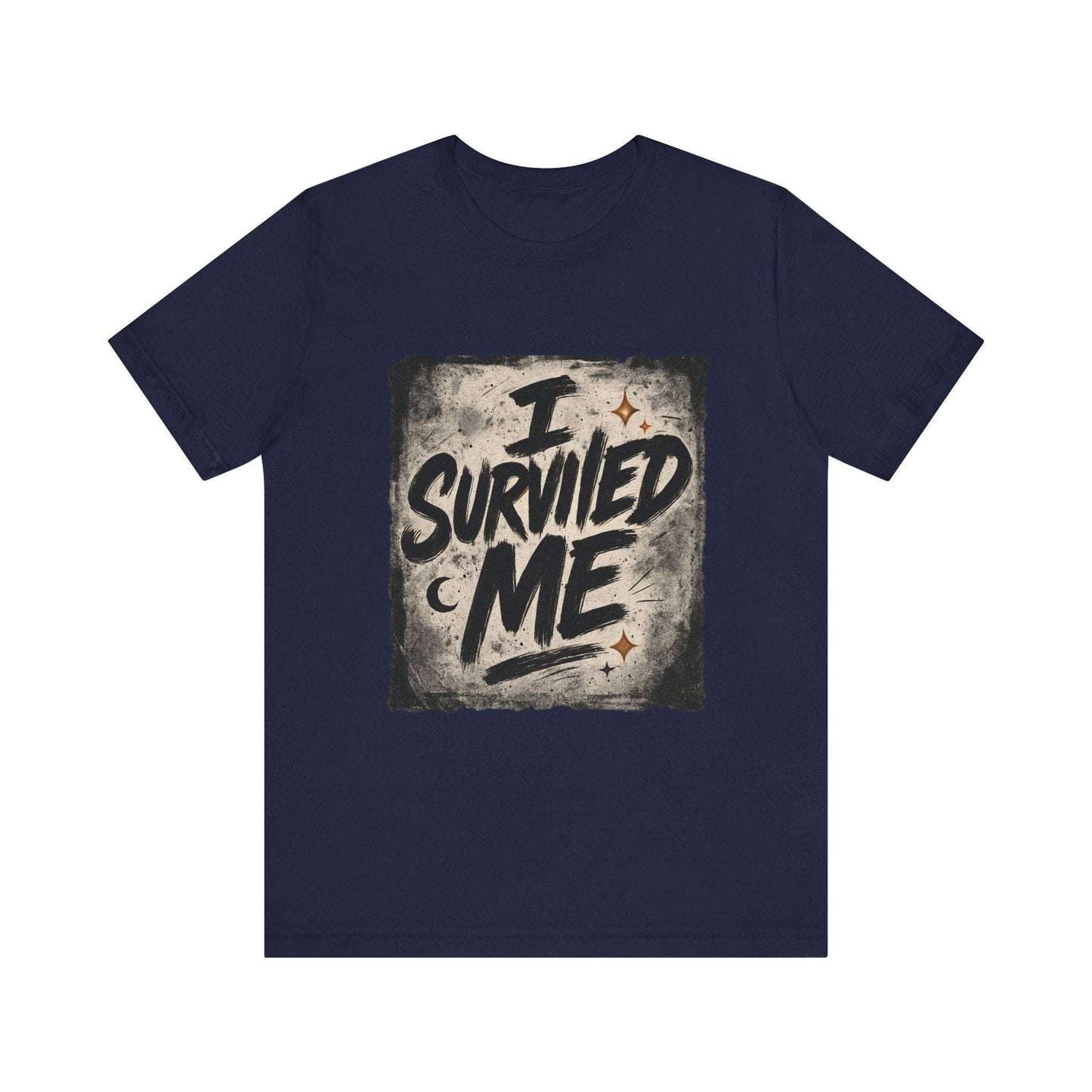 Navy Survivor Grunge Graphic Tee featuring distressed 'I Survived Me' design, perfect for casual wear and motivational style.