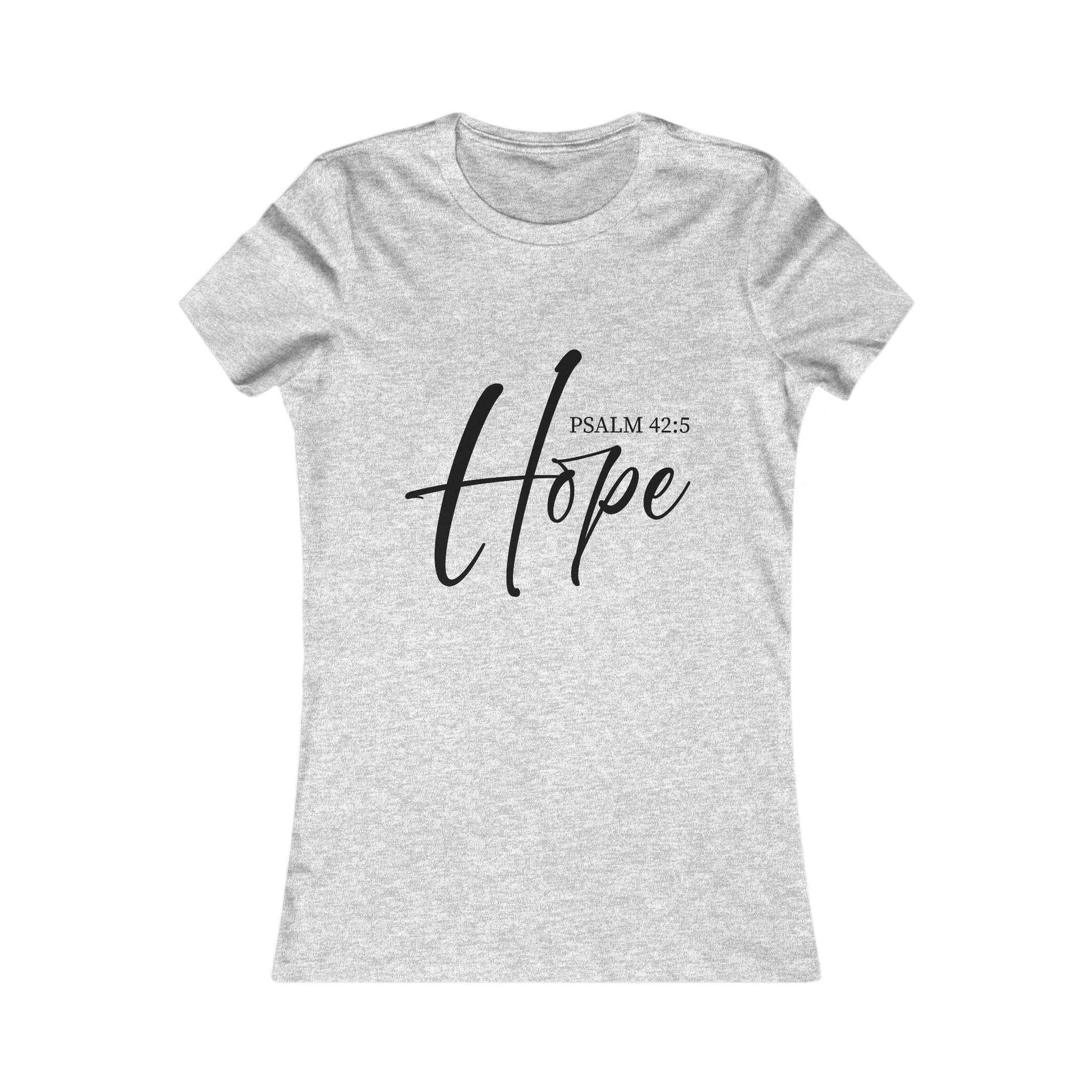 Heather gray Hope Scripture T-Shirt with Psalm 42:5 design in black. Faith-based women's tee ideal for church or casual wear.