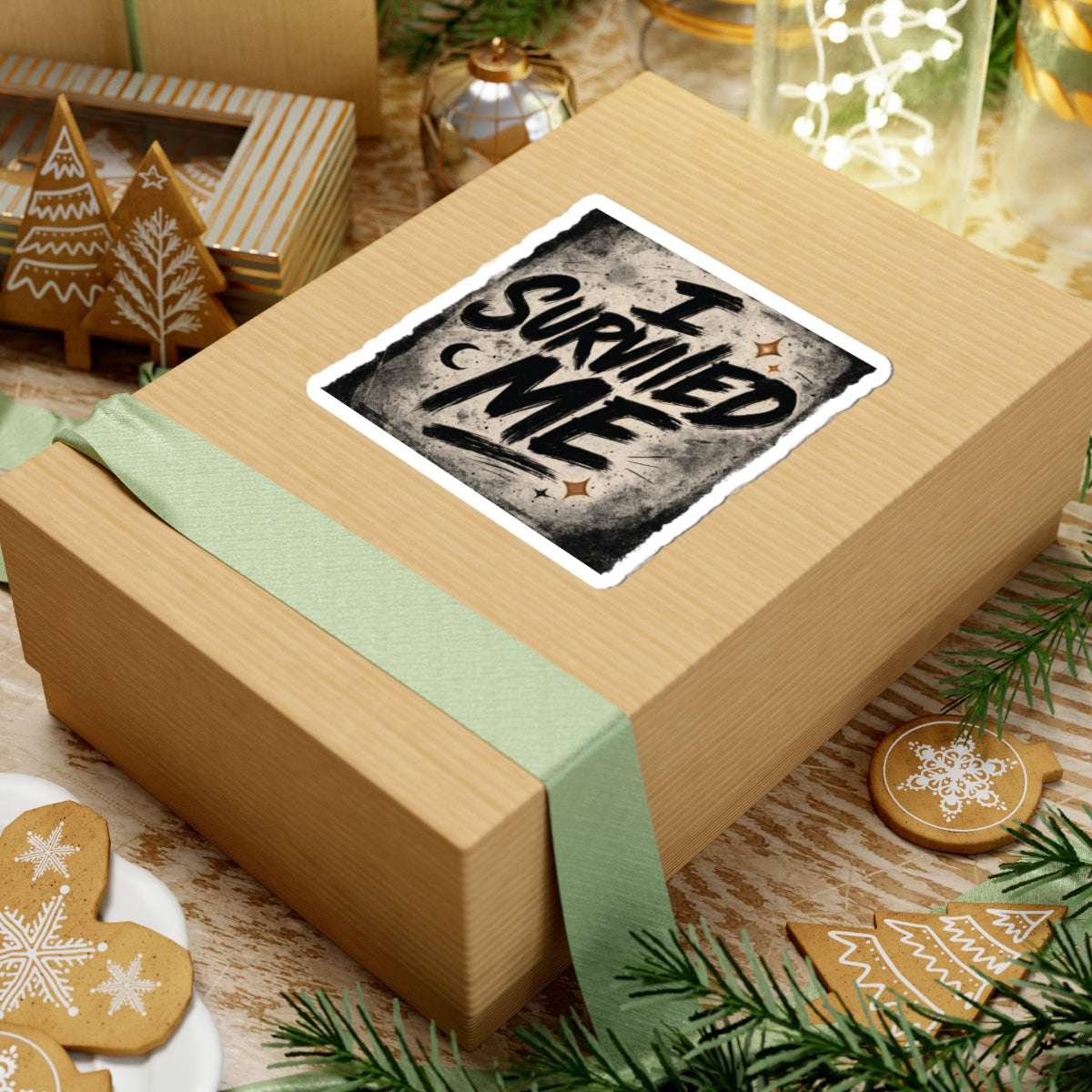 Empowering 'I Survived Me' sticker on a wrapped gift box, perfect for holiday gifting or mental health-themed presents.