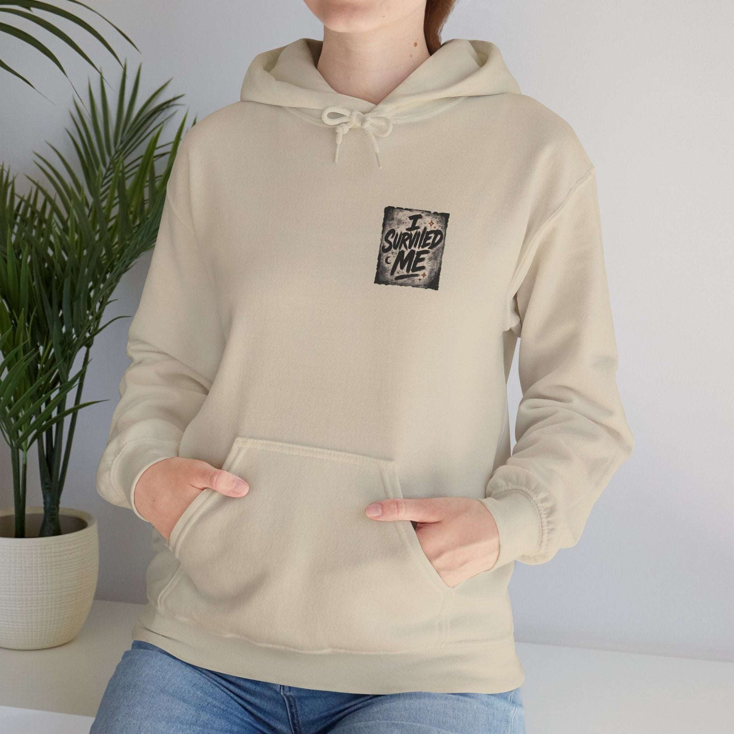Beige I Survived Me Hoodie with motivational survival quote, soft unisex sweatshirt for therapy gift or supportive clothing statement.