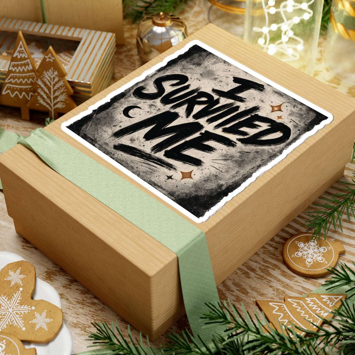 Holiday-themed gift box decorated with 'I Survived Me' grunge sticker, blending festive decor with a message of resilience.