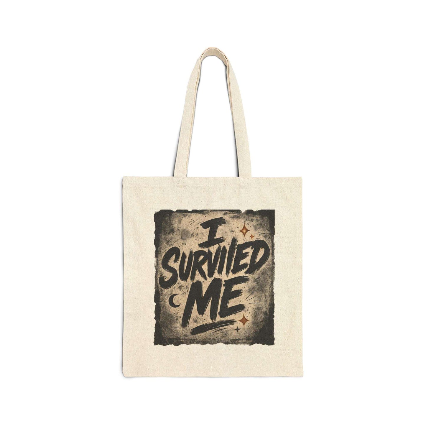 Natural cotton canvas tote bag with bold 'I Survived Me' graphic, ideal for daily use or as a motivational gift for survivors.
