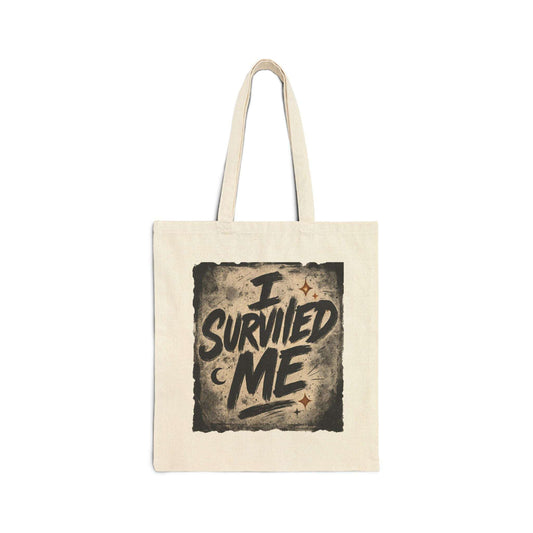 Natural cotton canvas tote bag with bold 'I Survived Me' graphic, ideal for daily use or as a motivational gift for survivors.