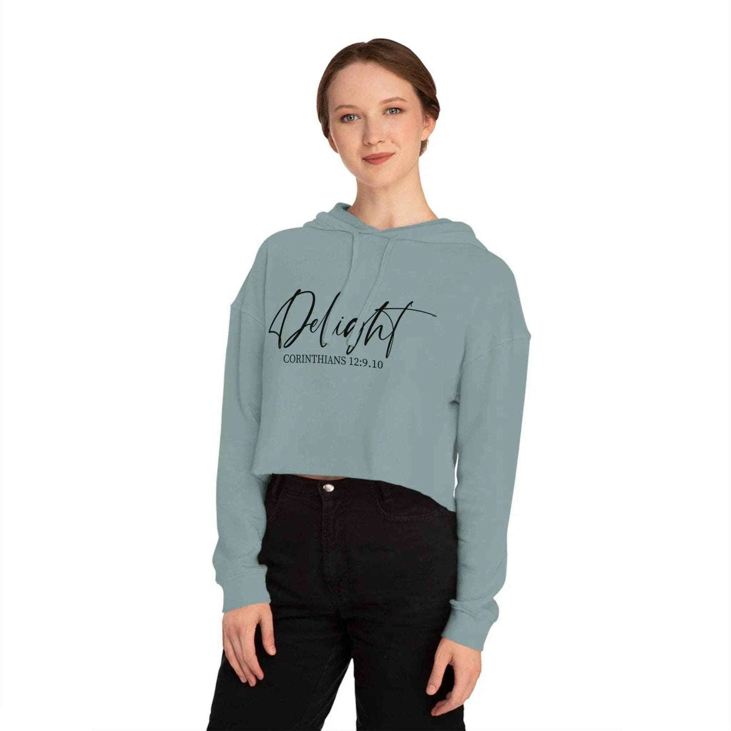 Women’s cropped Christian hoodie with Corinthians Bible verse, modern inspirational faith apparel for everyday wear.