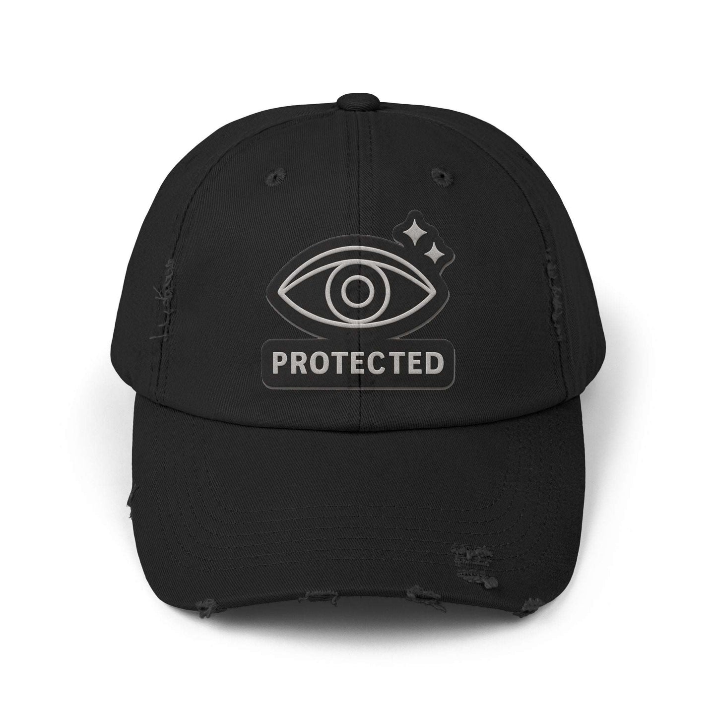 Black Protected Eye Distressed Dad Hat featuring embroidered eye symbol and frayed edges. Vintage-style unisex baseball cap.