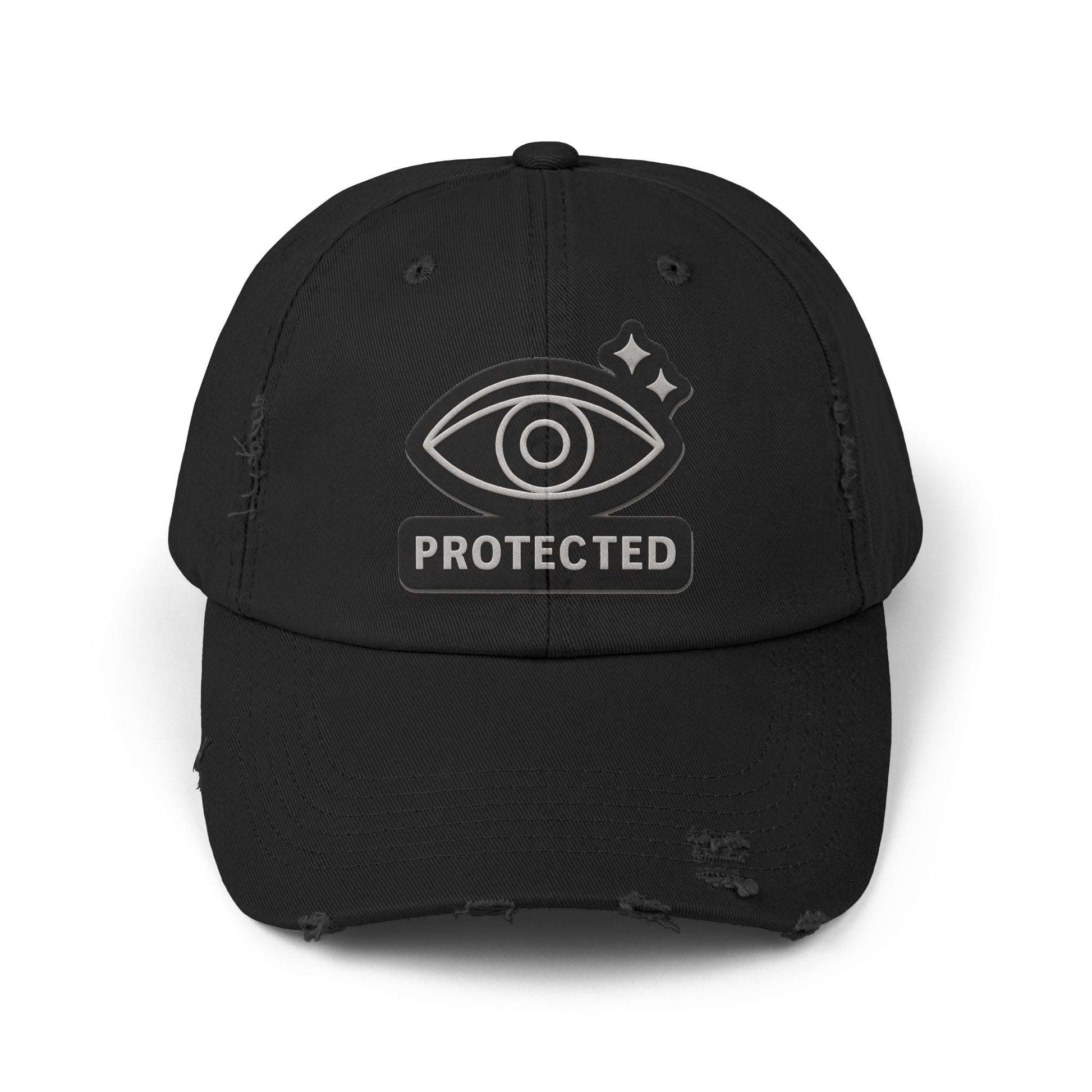 Black Protected Eye Distressed Dad Hat featuring embroidered eye symbol and frayed edges. Vintage-style unisex baseball cap.