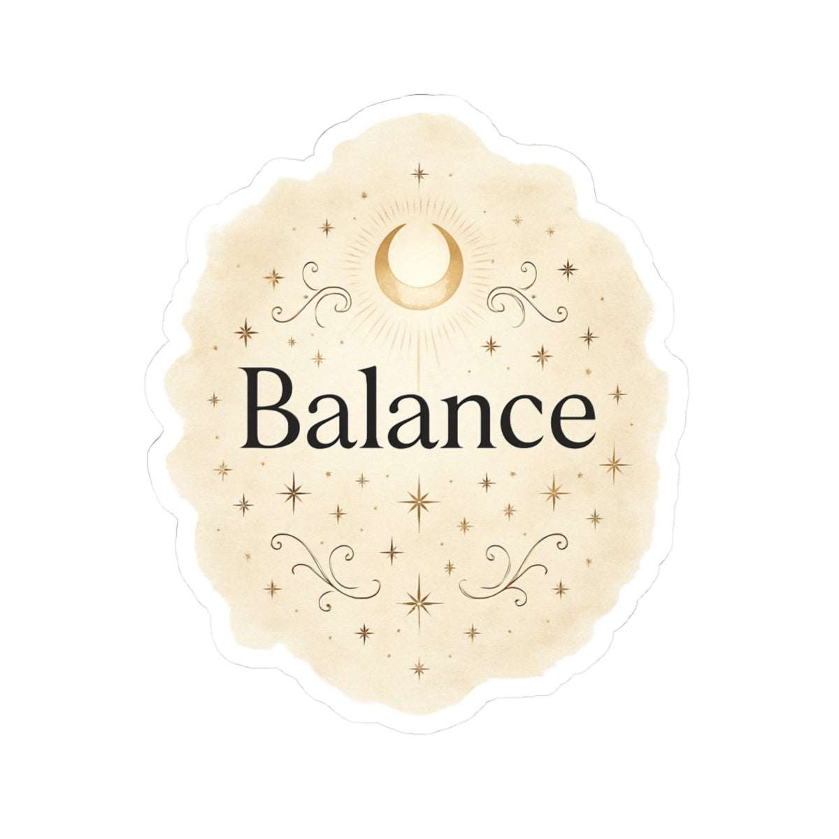 Balance themed round sticker placed on a neutral background, featuring elegant gold floral accents and inspirational typography.”