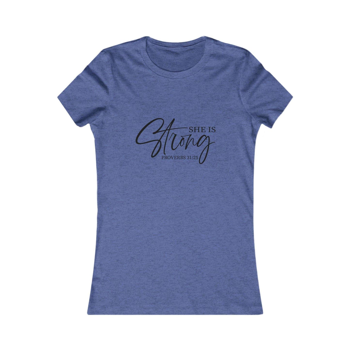 Heather blue Proverbs 31 “She Is Strong” women’s tee, faith-inspired apparel combining comfort and biblical empowerment.