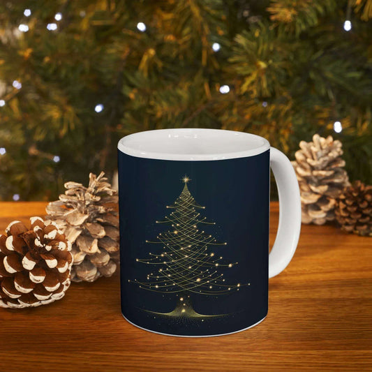 Navy blue ceramic Christmas coffee mug with cozy holiday design, warm winter drinkware for hot cocoa, tea, or coffee.