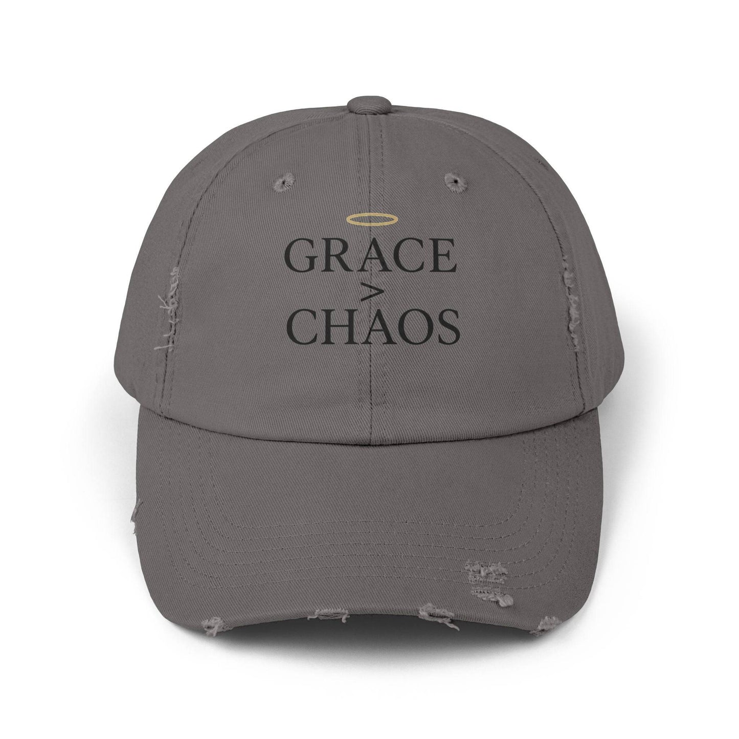 Front view of charcoal Grace > Chaos Embroidered Distressed Cap with halo detail and distressed brim, perfect for faith-based fashion.
