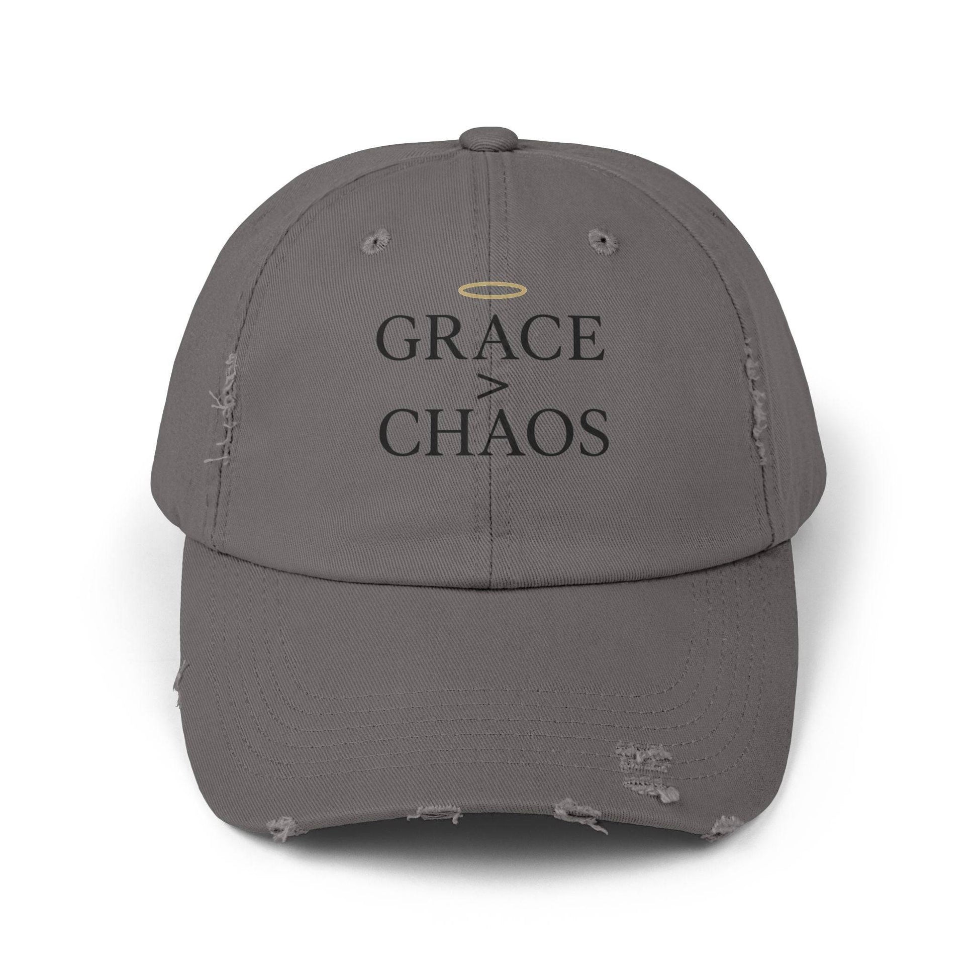 Front view of charcoal Grace > Chaos Embroidered Distressed Cap with halo detail and distressed brim, perfect for faith-based fashion.