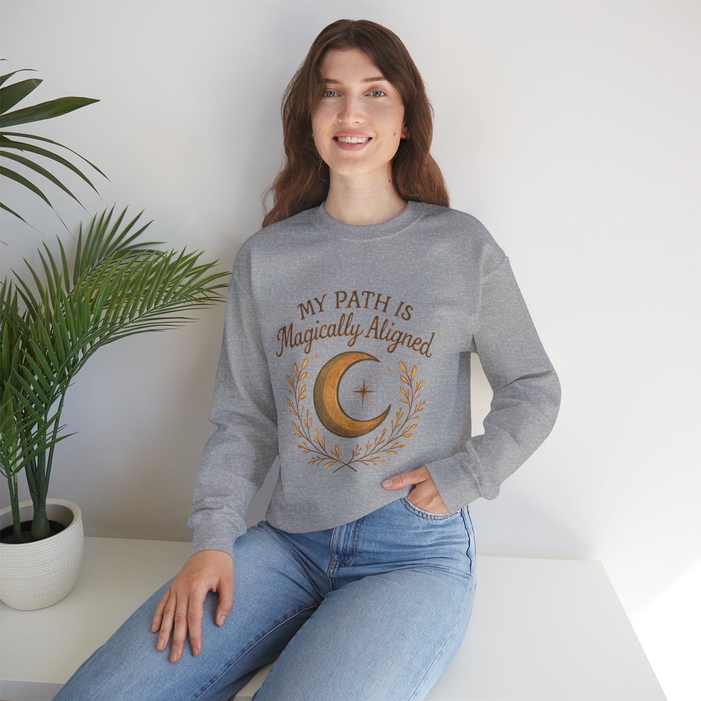 Gray My Path Is Magically Aligned Crescent Moon Sweatshirt modeled casually, ideal for spiritual wear and cozy layering.