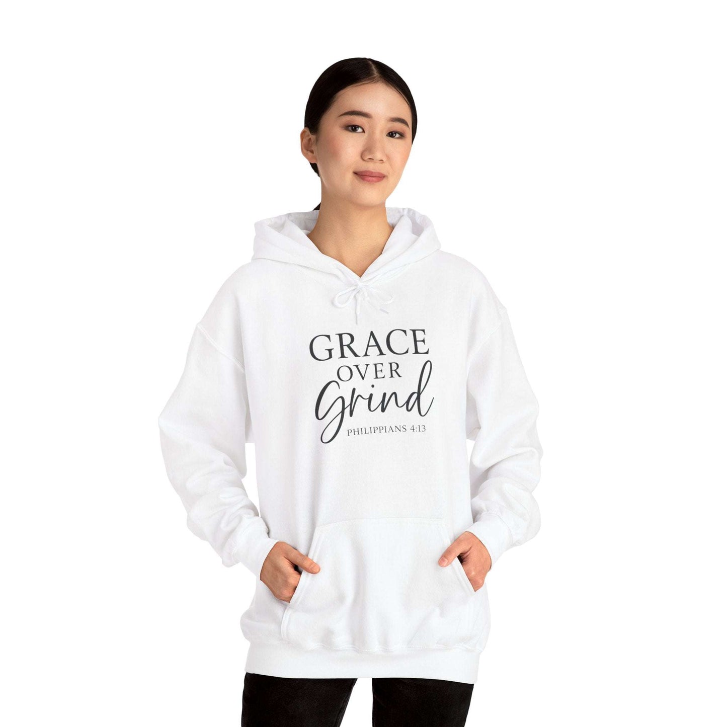 Grace Over Grind Christian hoodie in white worn by woman