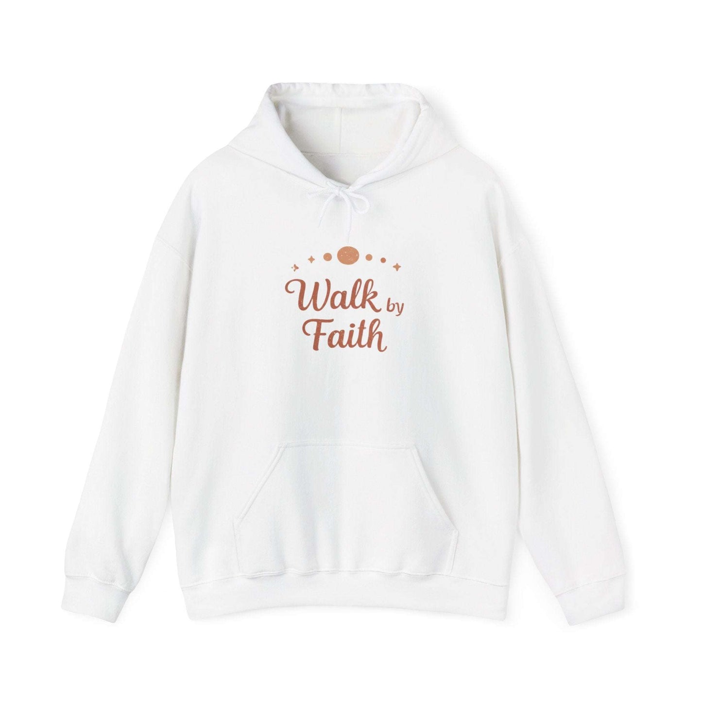 White Faithful Walk Hoodie featuring 'Walk by Faith' inspirational Christian message, displayed flat for product showcase.