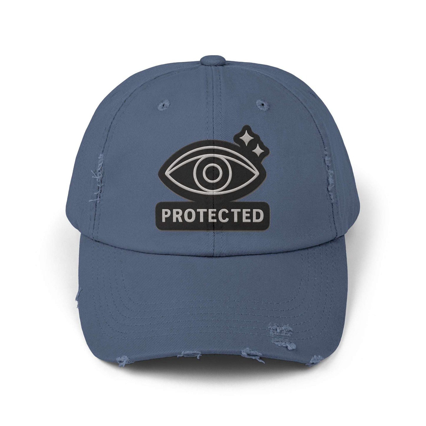 Blue Protected Eye Distressed Dad Hat with black embroidered eye symbol. Vintage-style unisex baseball cap for casual wear.