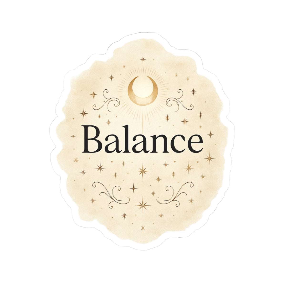 Balance themed round sticker placed on a neutral background, featuring elegant gold floral accents and inspirational typography.”