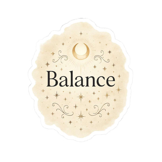 Balance themed round sticker placed on a neutral background, featuring elegant gold floral accents and inspirational typography.”