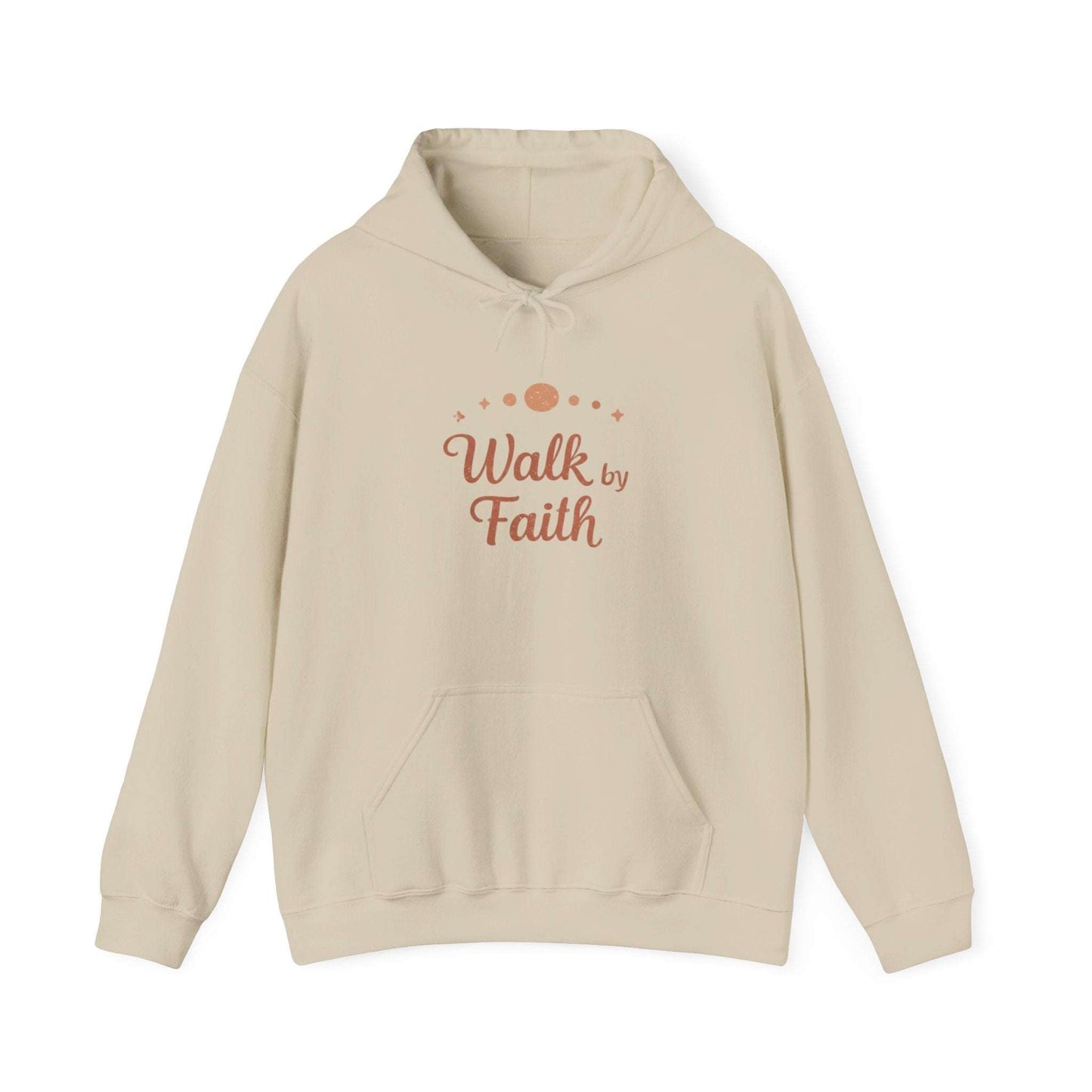 Beige Faithful Walk Hoodie with motivational 'Walk by Faith' print, perfect for casual worship wear and spiritual gifting.