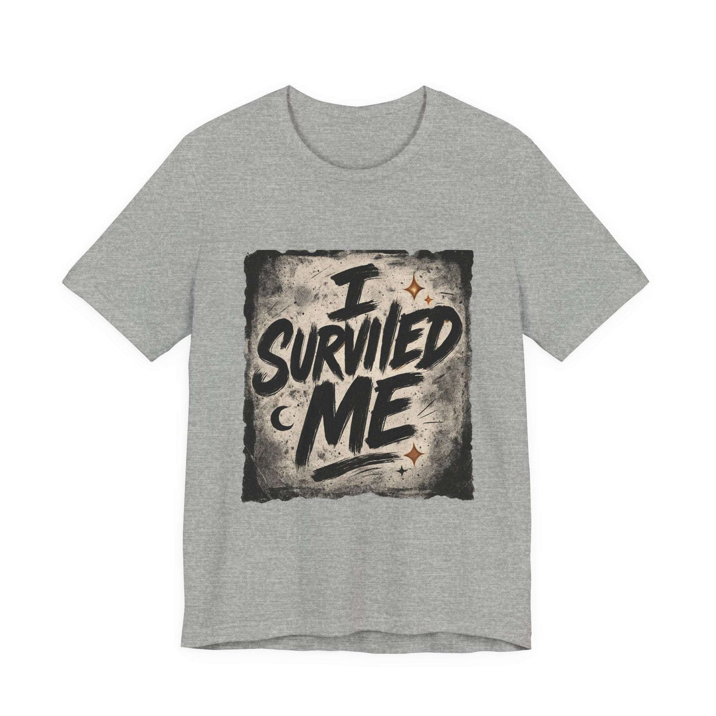 Heather gray Survivor Grunge Graphic Tee with bold 'I Survived Me' design, ideal for recovery celebration and casual wear.