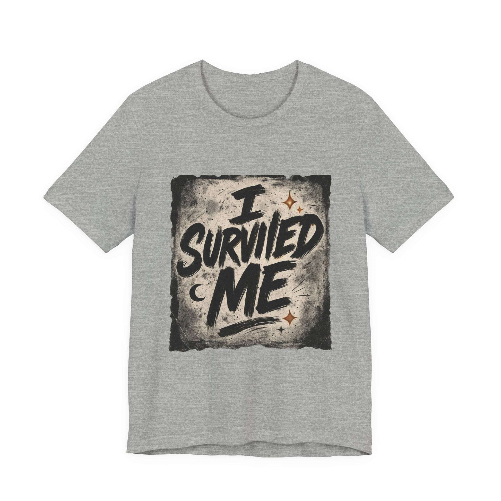 Heather gray Survivor Grunge Graphic Tee with bold 'I Survived Me' design, ideal for recovery celebration and casual wear.