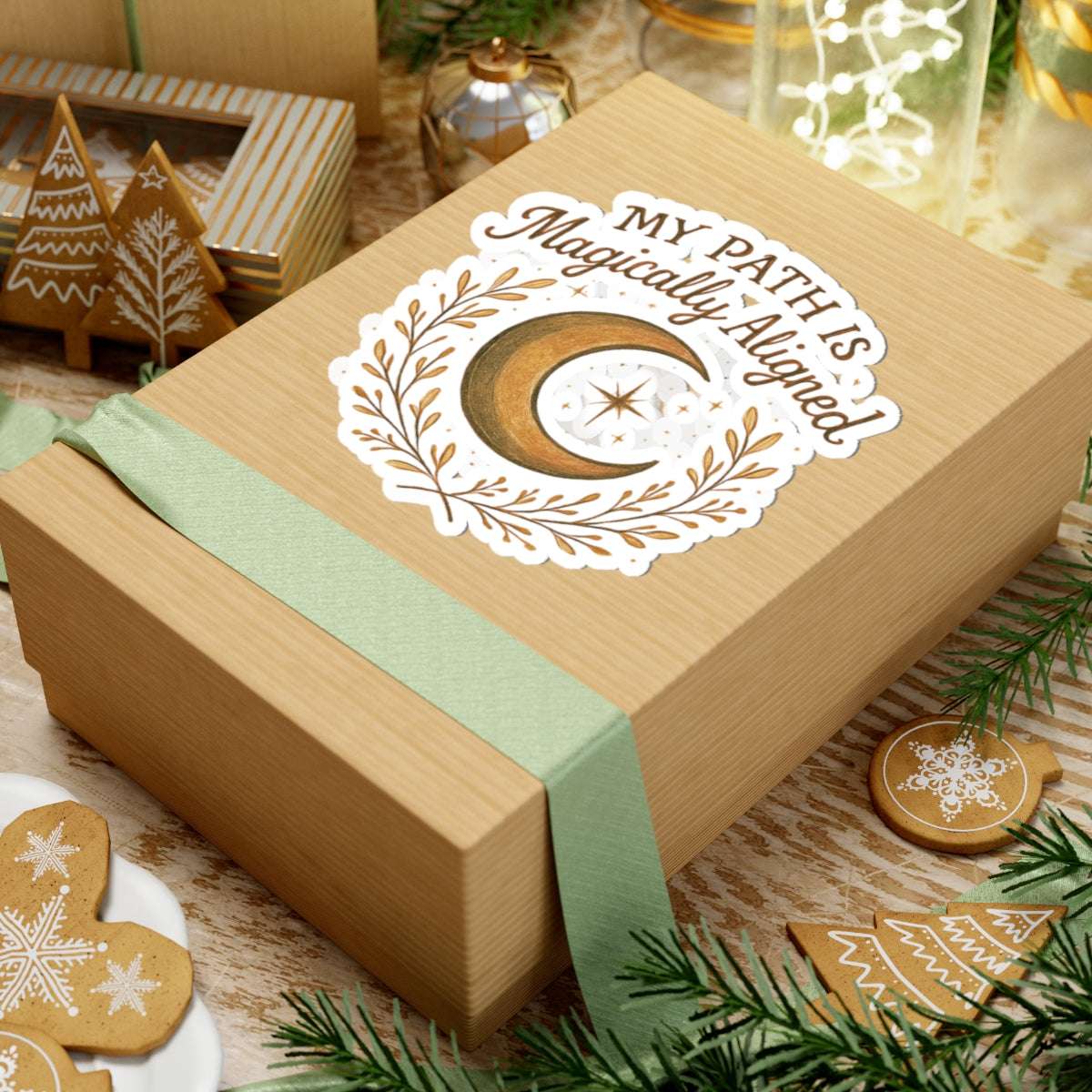 Crescent Moon 'My Path Is Magically Aligned' sticker on wooden gift box with green ribbon, perfect for bohemian holiday decor and spiritual gifting.