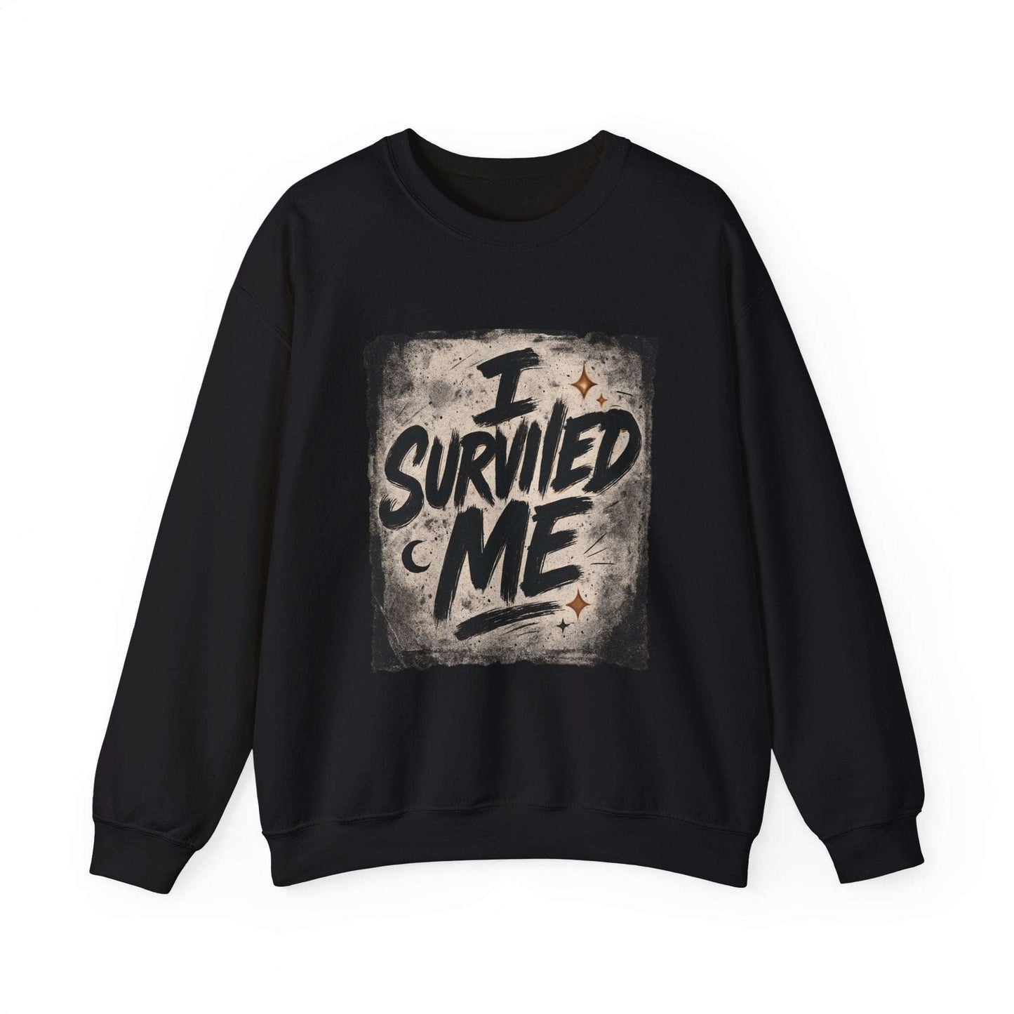 Black Survived Me Sweatshirt laid flat, highlighting motivational grunge print for unisex comfort streetwear.