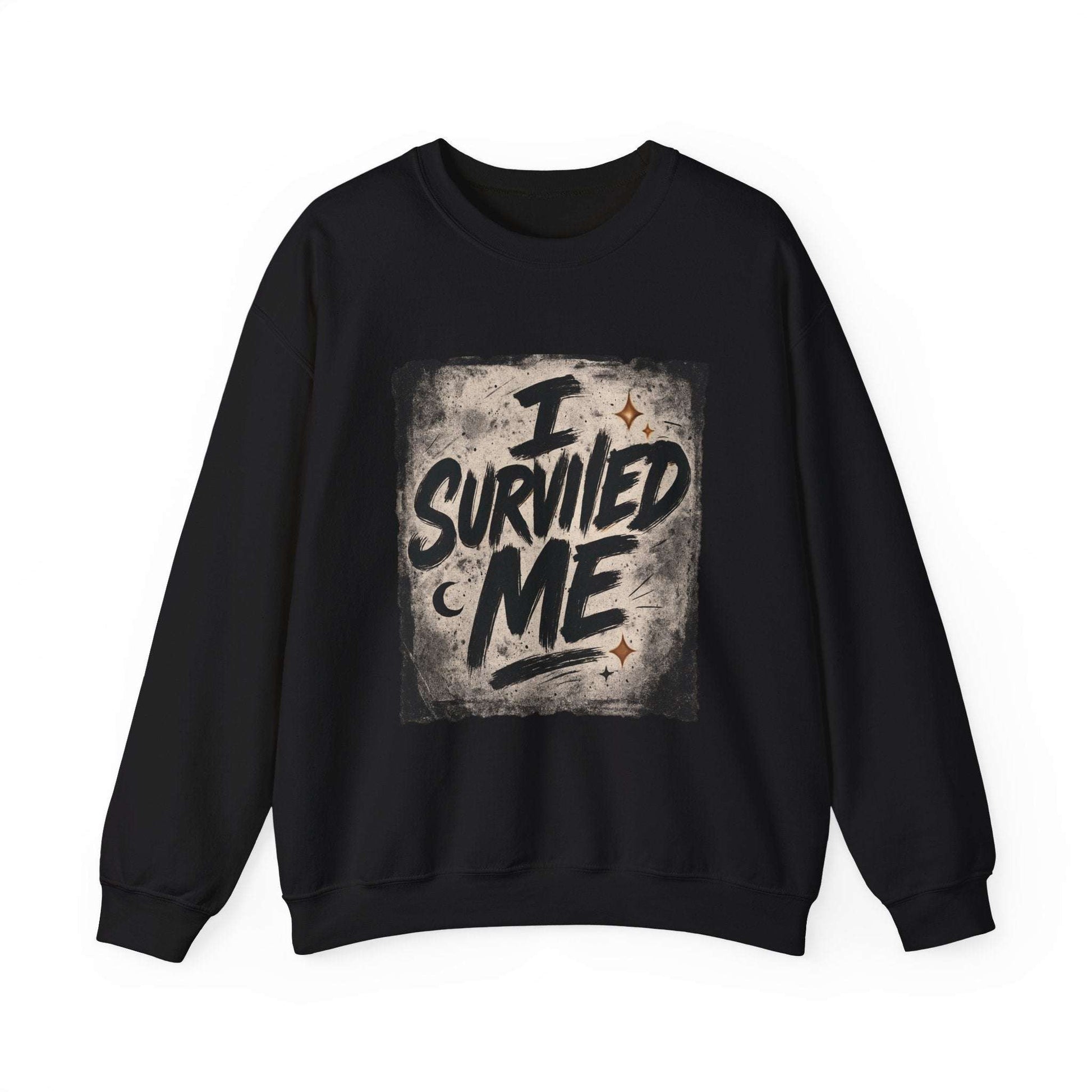 Black Survived Me Sweatshirt laid flat, highlighting motivational grunge print for unisex comfort streetwear.