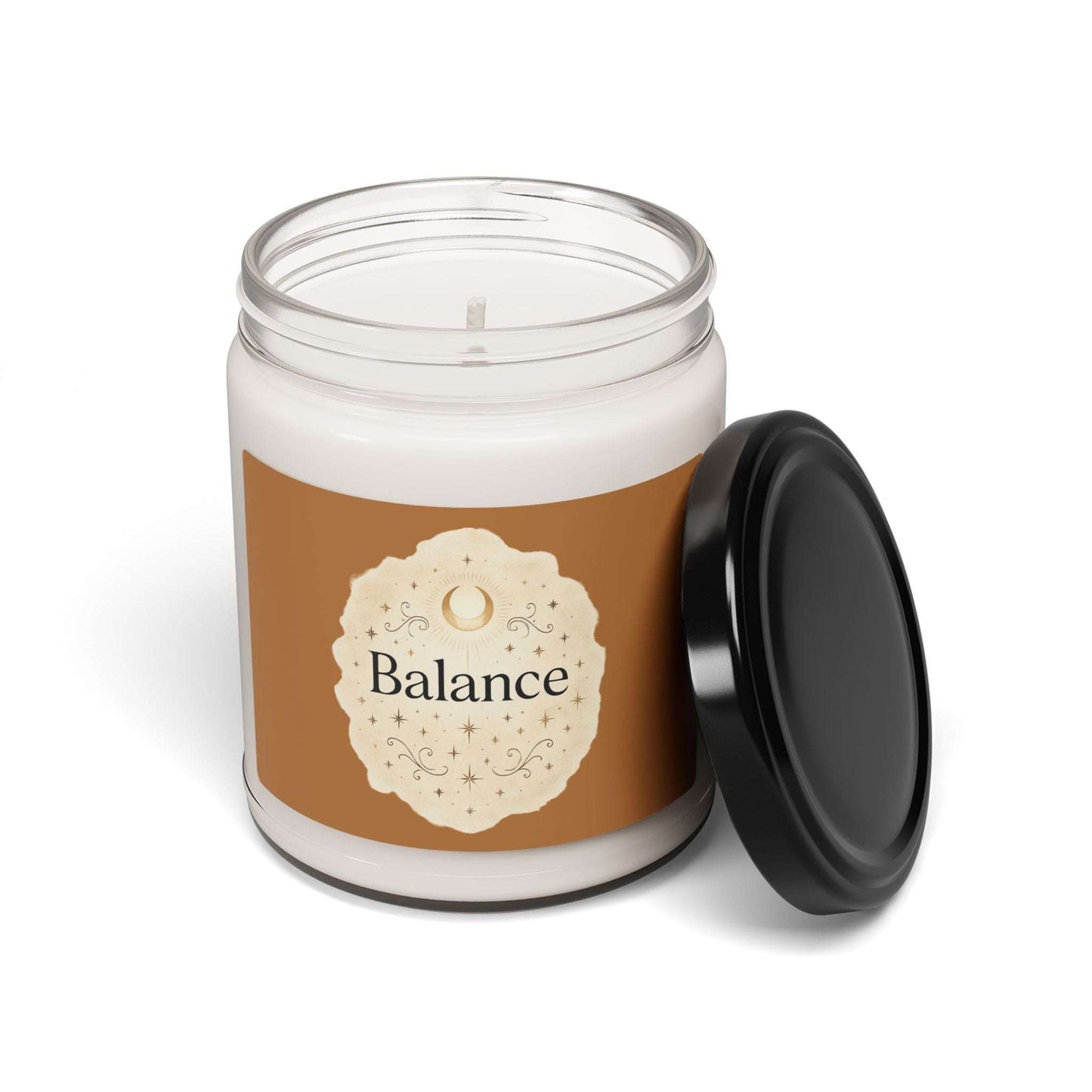 Candle jar with 'Balance' label on a white background