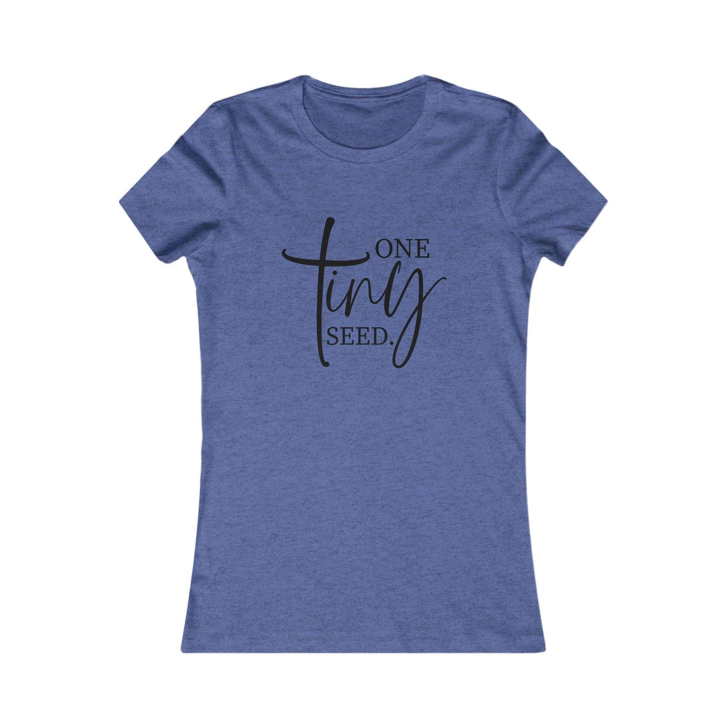 Heather blue One Tiny Seed women's tee with black spiritual graphic, soft Christian shirt designed for comfort, layering, and inspirational wear.