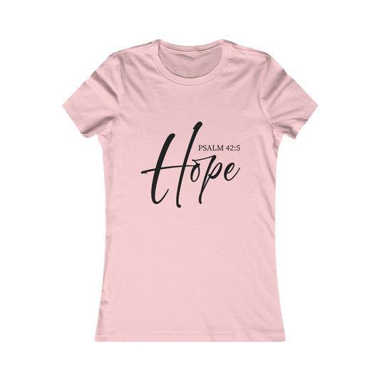 Light pink Hope Scripture T-Shirt for women with Psalm 42:5 in black script. Christian faith tee in soft cotton for daily encouragement.