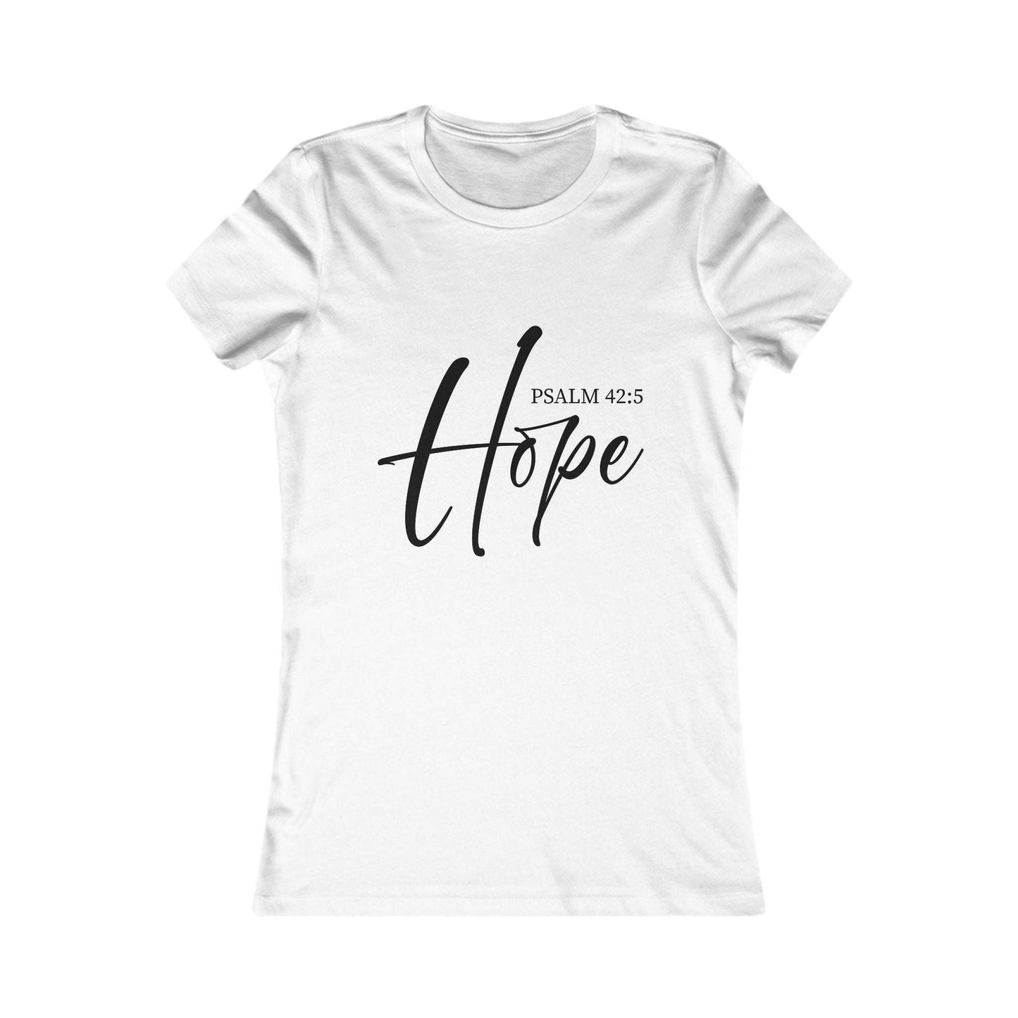 White Hope Scripture T-Shirt featuring Psalm 42:5 in elegant black lettering. Inspirational Christian women's tee for faith-based style.