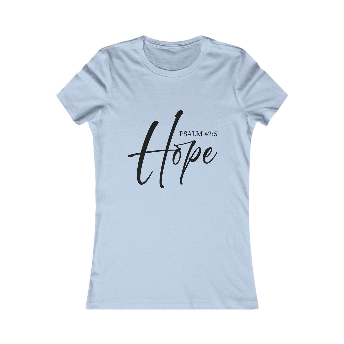 Light blue Hope Scripture T-Shirt with Psalm 42:5 verse in black text. Comfortable Christian apparel for women seeking spiritual inspiration.