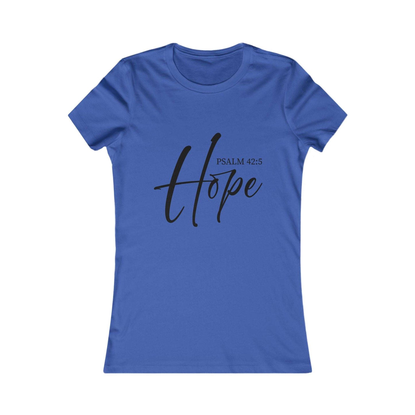Royal blue Hope Scripture T-Shirt for women with Psalm 42:5 in black script. Stylish Christian top for spiritual encouragement and comfort.