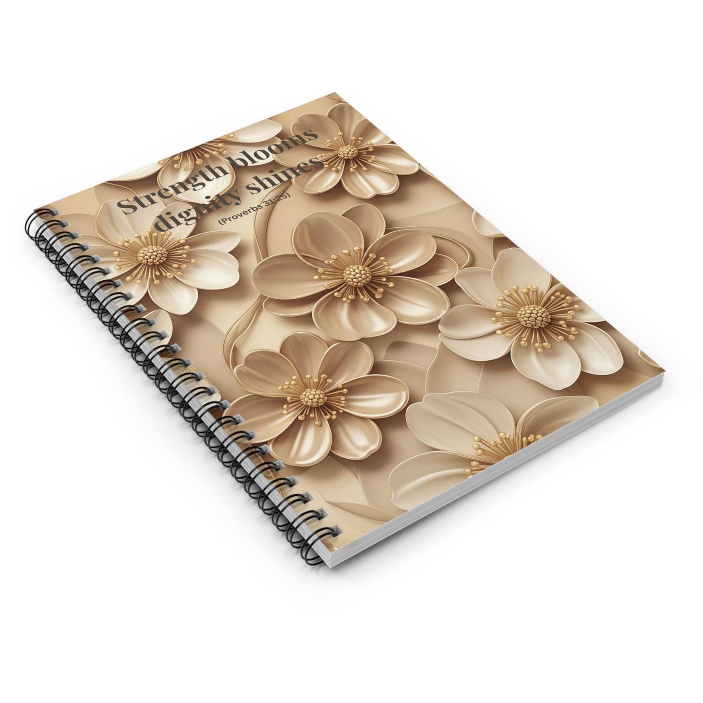 Ruled spiral notebook with Proverbs 31:25 verse and soft beige floral cover, compact and ideal for Christian stationery collections.