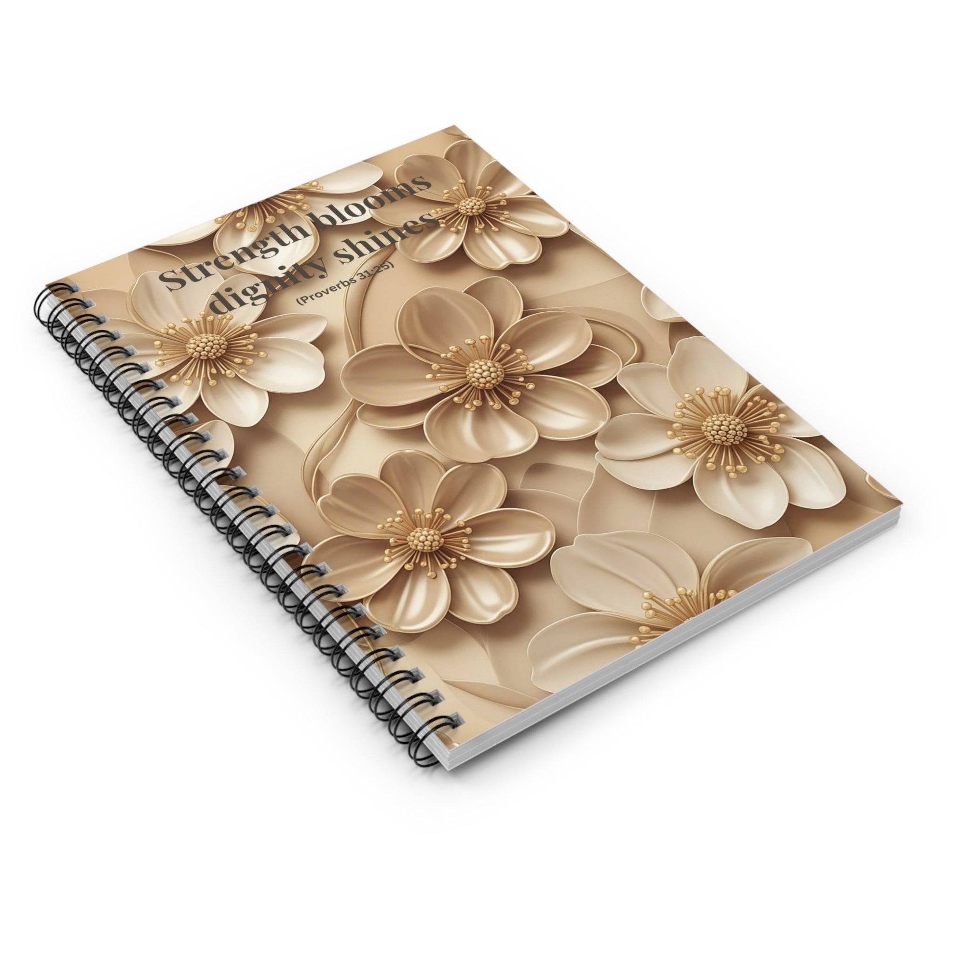 Ruled spiral notebook with Proverbs 31:25 verse and soft beige floral cover, compact and ideal for Christian stationery collections.