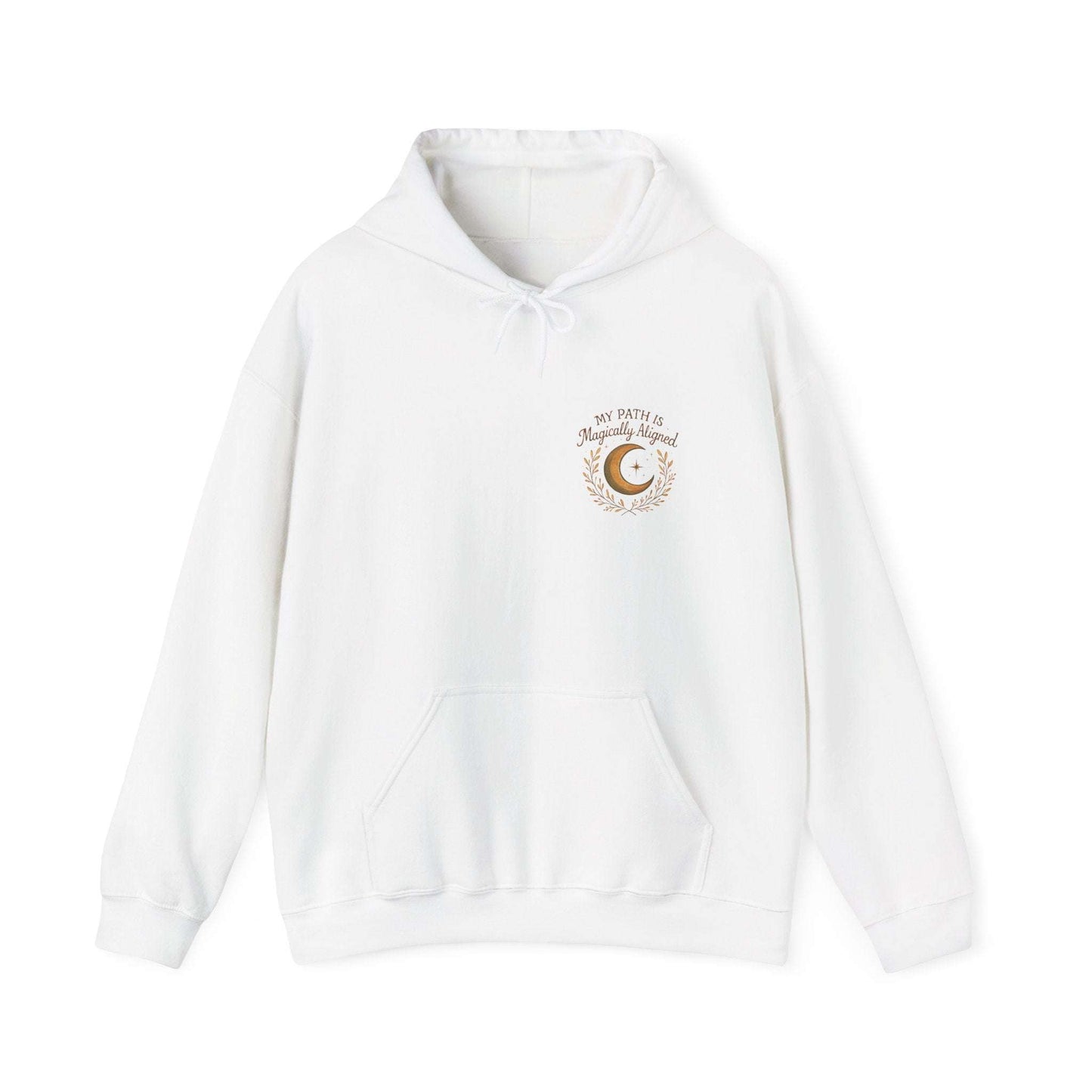 White Aligned Path Moon Hoodie featuring a crescent moon and spiritual affirmation, perfect for mindful and celestial-themed fashion.