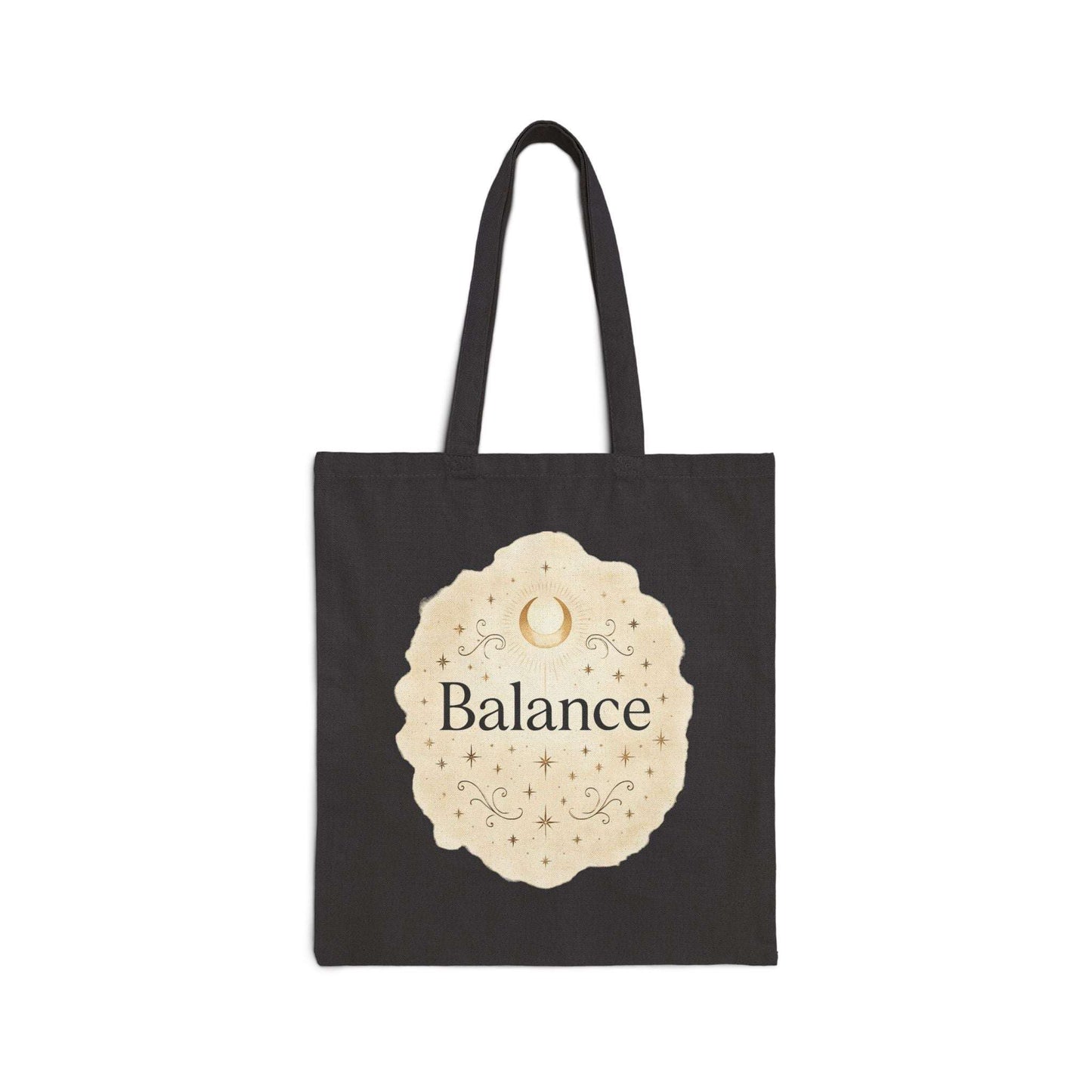 Black tote bag with 'Balance' design on a white background