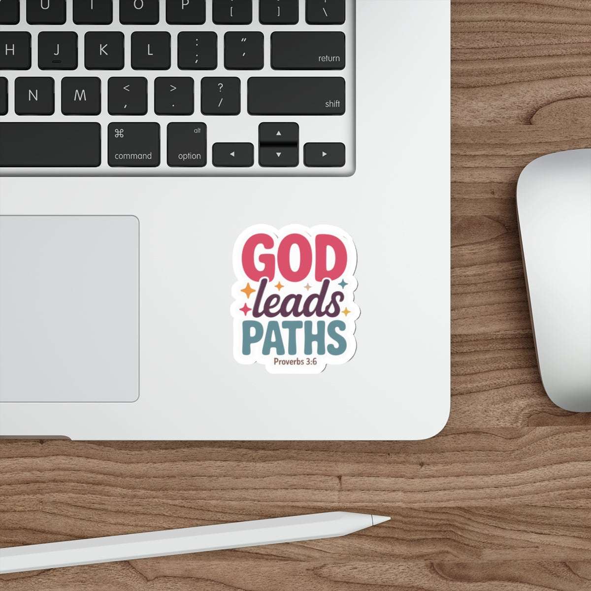 God Leads Paths — Proverbs 3:6 Christian Die-Cut Sticker on laptop near keyboard and mouse, ideal for faith-based daily inspiration.