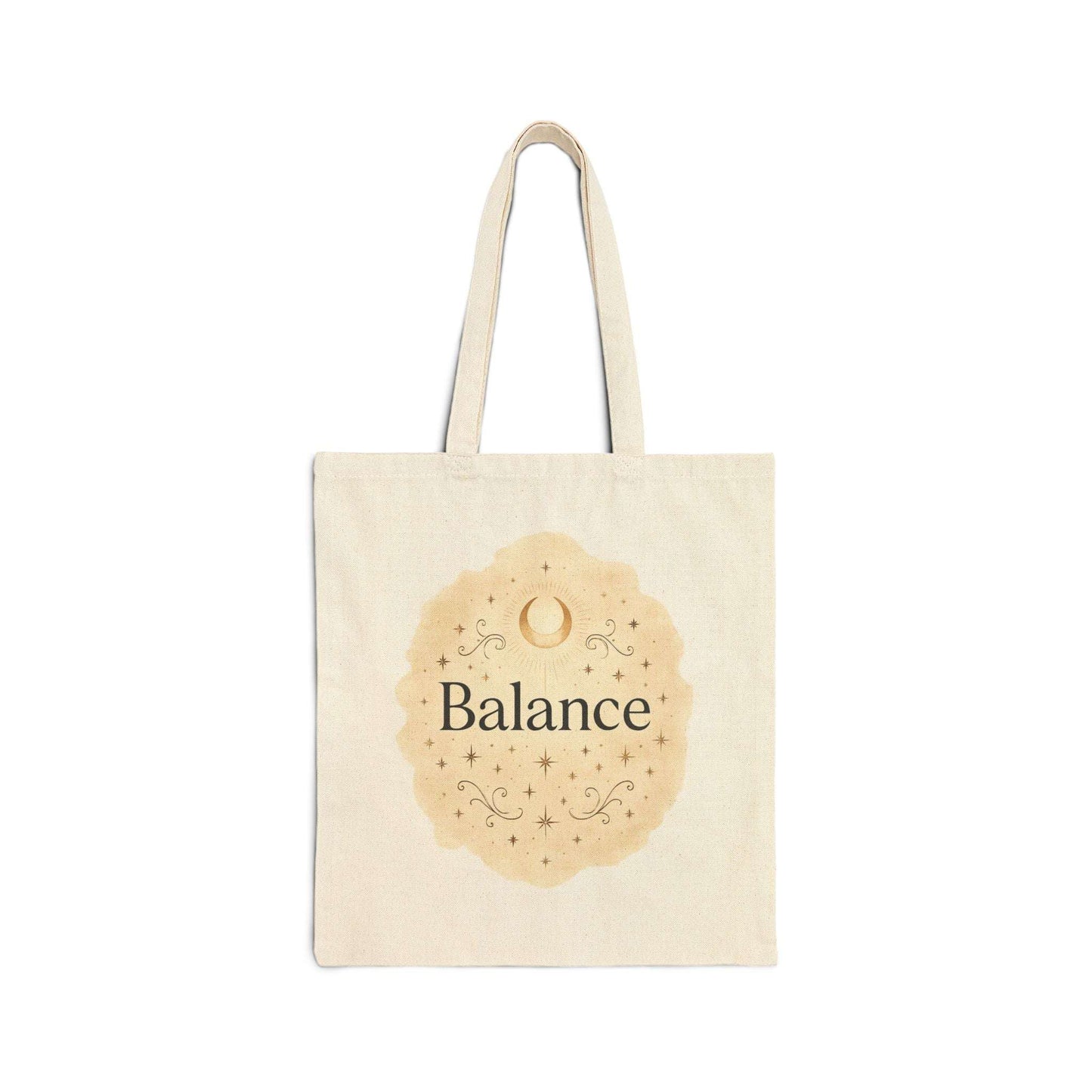 Beige tote bag with 'Balance' text and decorative design on a white background