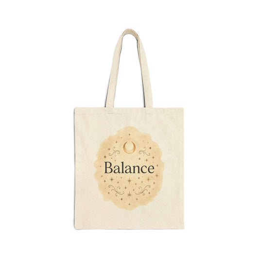 Beige tote bag with 'Balance' text and decorative design on a white background