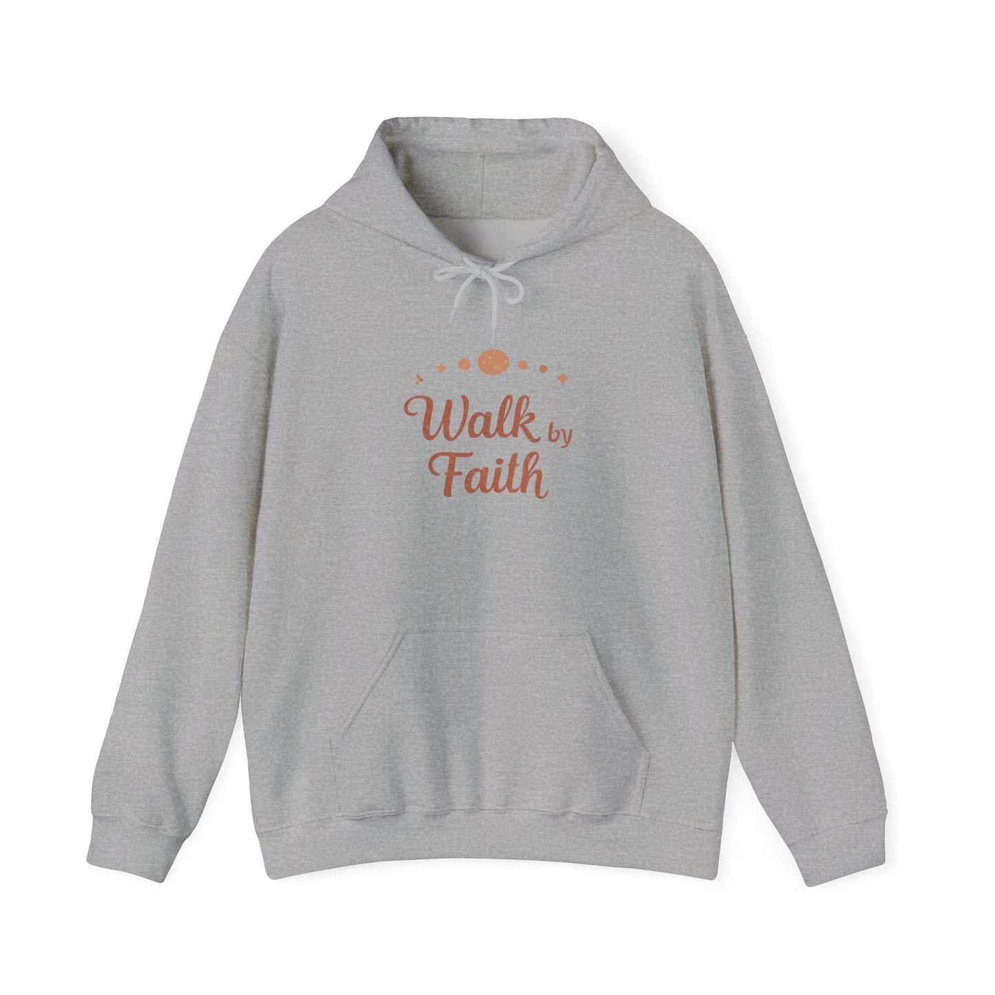 Heather gray Faithful Walk Hoodie laid flat, showcasing 'Walk by Faith' Christian pullover design for faith-based fashion.