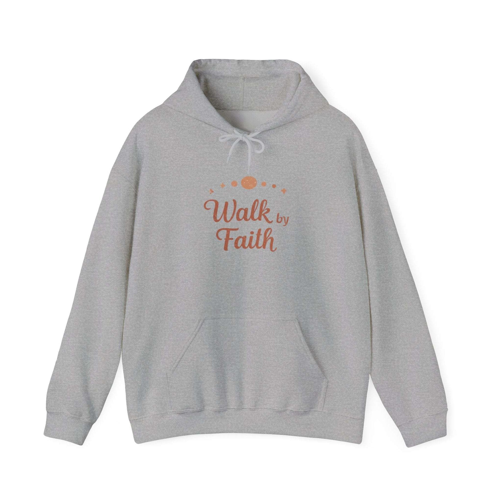 Heather gray Faithful Walk Hoodie laid flat, showcasing 'Walk by Faith' Christian pullover design for faith-based fashion.