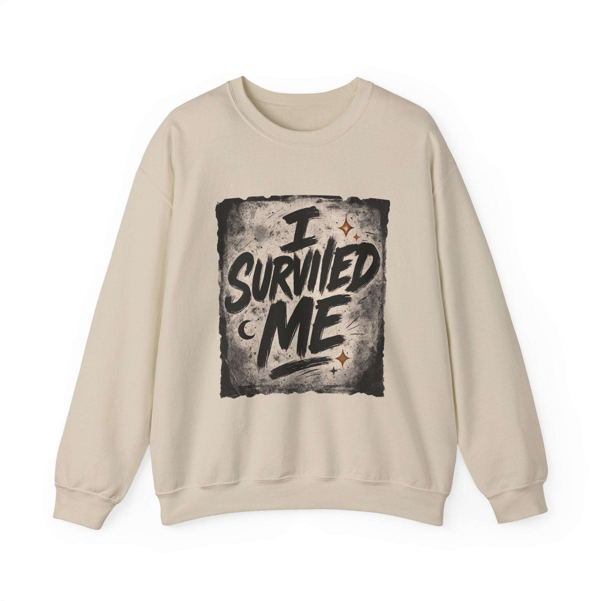 Beige Survived Me Sweatshirt featuring bold inspirational text, perfect for casual grunge fashion and mental health awareness.