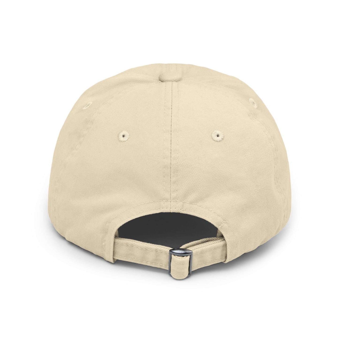 Back view of beige Protected Eye Distressed Dad Hat showing adjustable strap. Unisex vintage-style baseball cap.