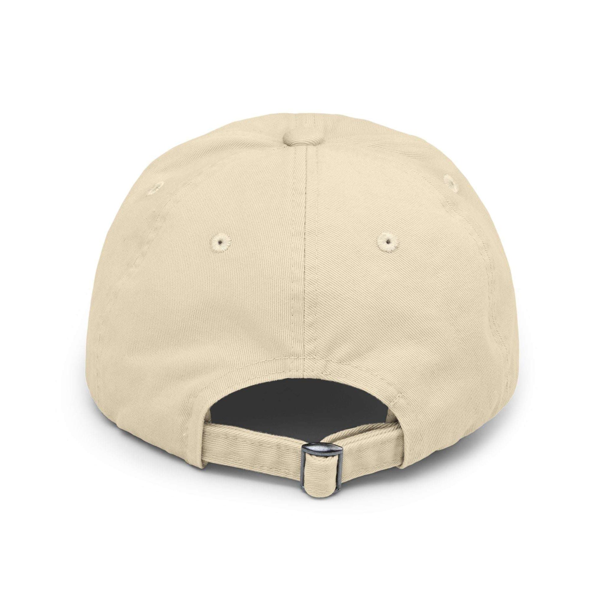 Back view of beige Protected Eye Distressed Dad Hat showing adjustable strap. Unisex vintage-style baseball cap.