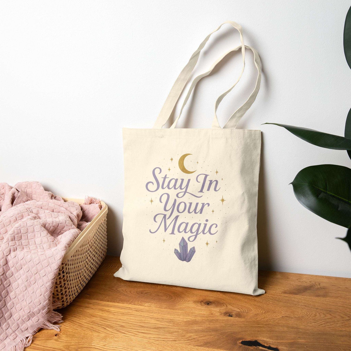 Neutral canvas tote bag with motivational quote ‘Stay in Your Magic,’ eco-friendly reusable shopping bag for daily use, spiritual lifestyle accessory.