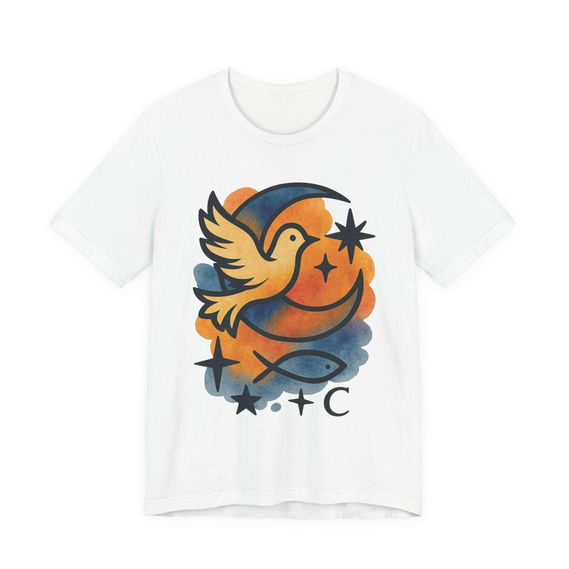 Dove & Crescent Moon Graphic Tee — Spiritual Dove Fish Symbol T-Shirt - Dream Studio Prints